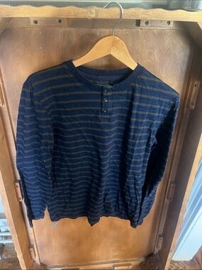 Lucky Brand Navy and Brown Striped Long Sleeve Henley